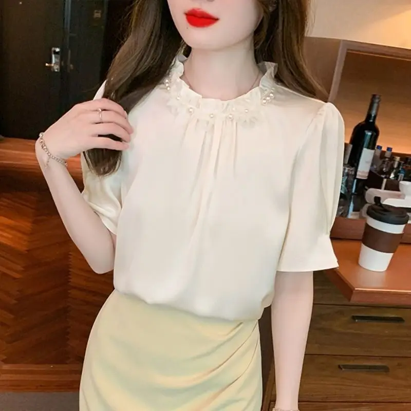 Women Summer Fashion Trend Loose Ruffles Solid Color Short Sleeve Shirts Women Clothes Casual All-match Appear Thin Pleated Tops