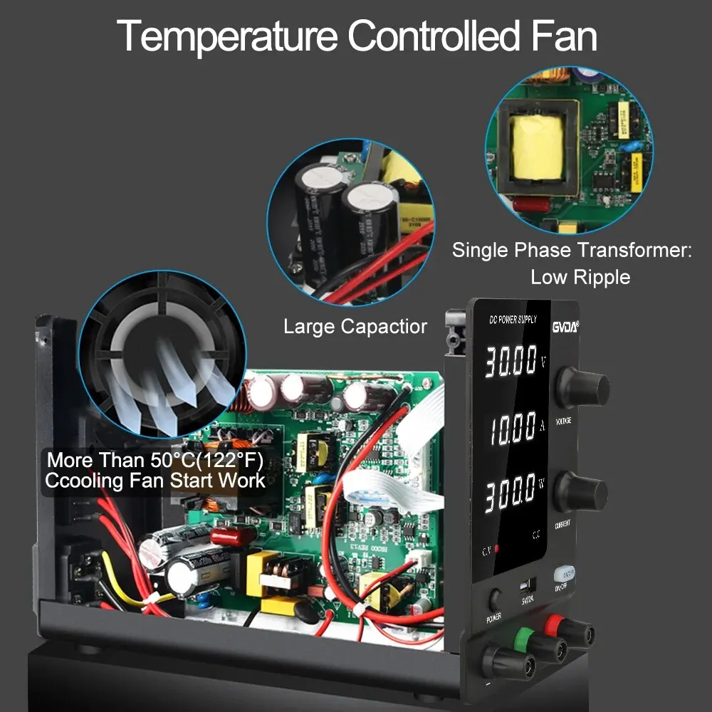 GVDA Adjustable DC Power Supply 30V 10A 60V 5A Lab Bench Power Source Stabilized Voltage Regulator 120V 3A with Rotary Encoder