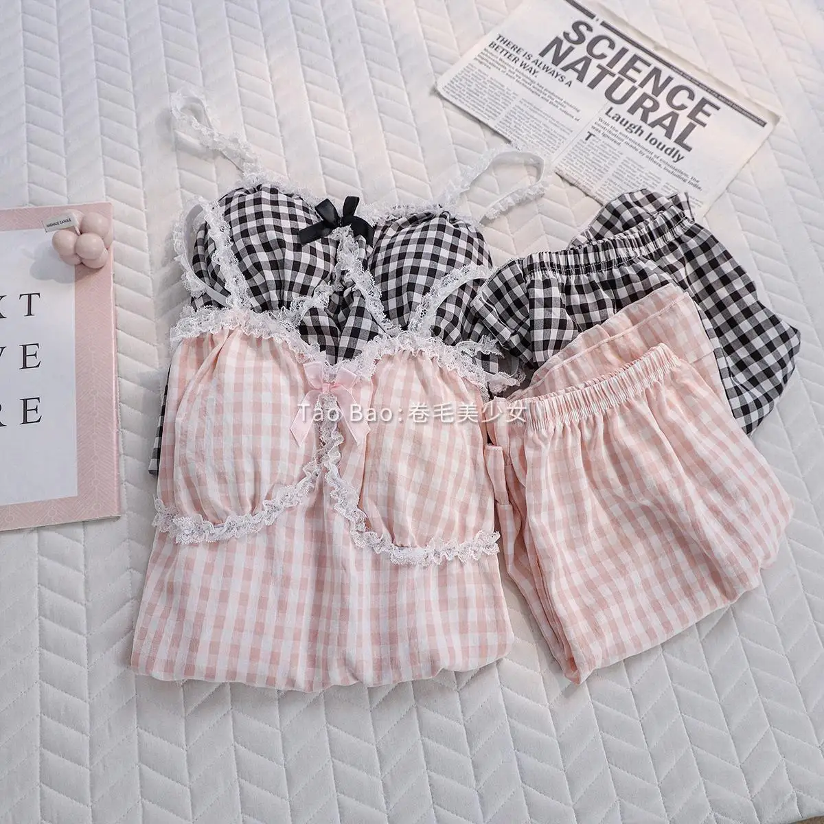 Summer New Japanese Original Sweet Princess Style Suspender Pajamas Set Cute Girl Lace with Chest Pad Loungewear