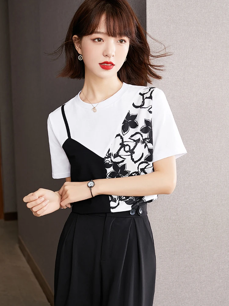 

Fake Two-piece Printed Contrasting Color Patchwork TShirt Women Design Sense Niche Tops Summer Elegant Chic Short Sleeve T-shirt