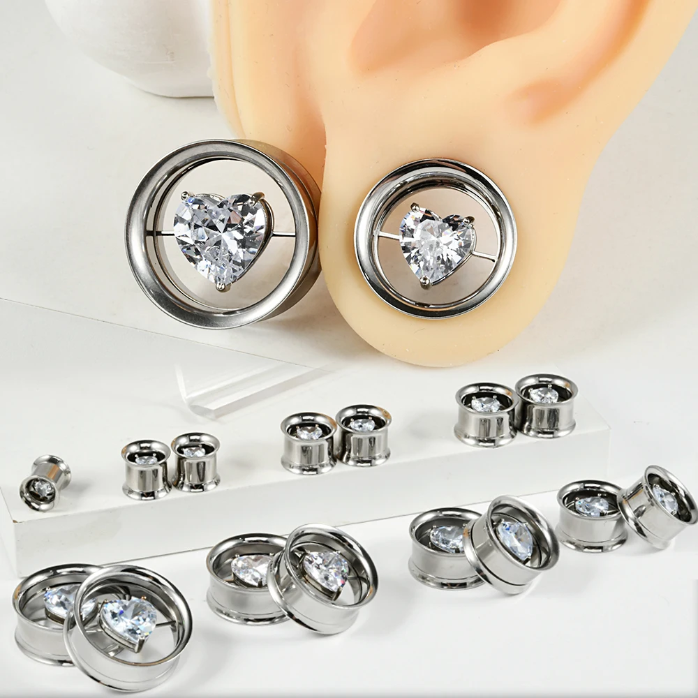 1PC Stainless Steel Heart-Shaped CZ Double Flare Ear Tunnels Plugs Internal Thread Expander Stretcher Gauges Earrings Piercing
