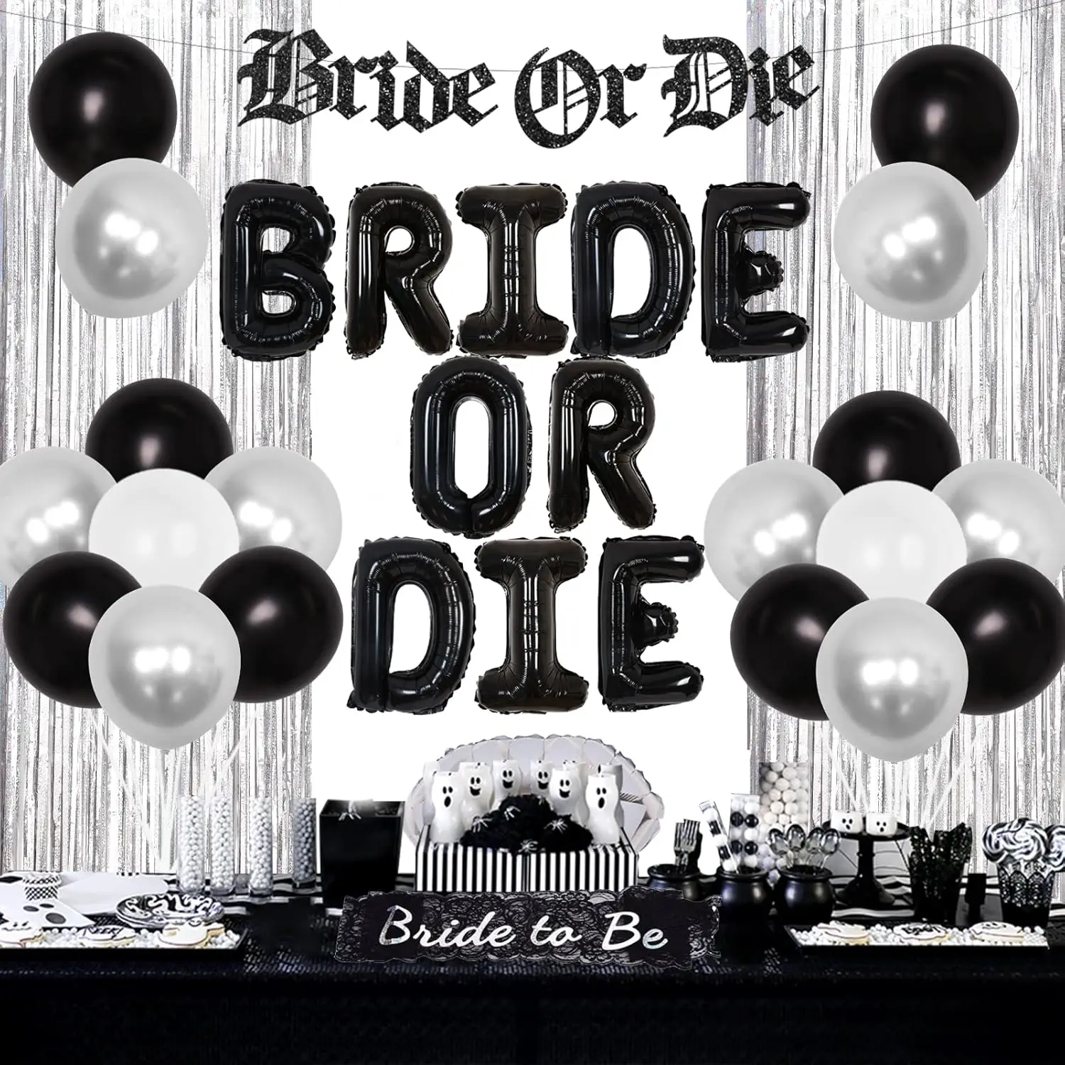 Bride or Die Bachelorette Party Decoration Black Silver Gothic Bridal Shower Bride to Be Sash Banner Balloons for Hen Engagement