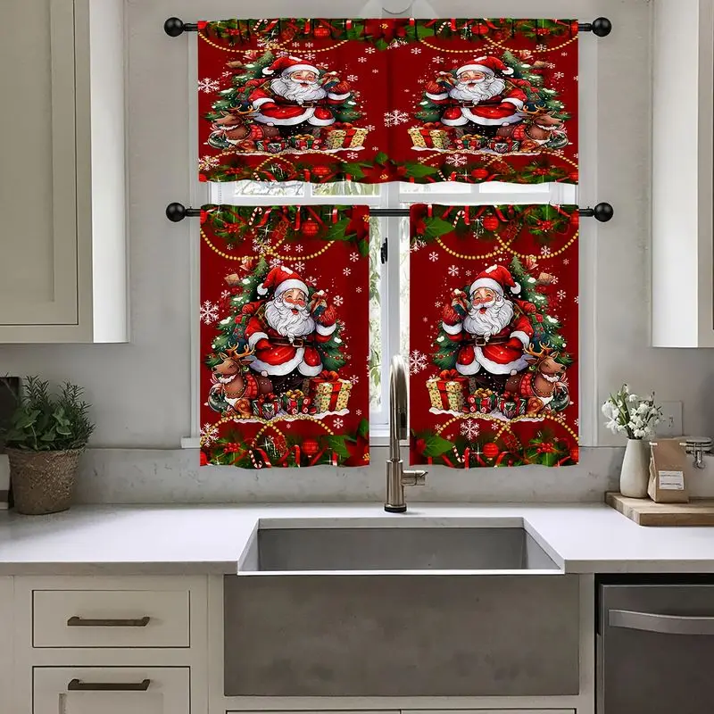 VIKAMA Christmas Curtain Set Red Santa Reindeer Xmas Tree Gift Print Kitchen Valance Tier For Living Room Bedroom Dining Decor