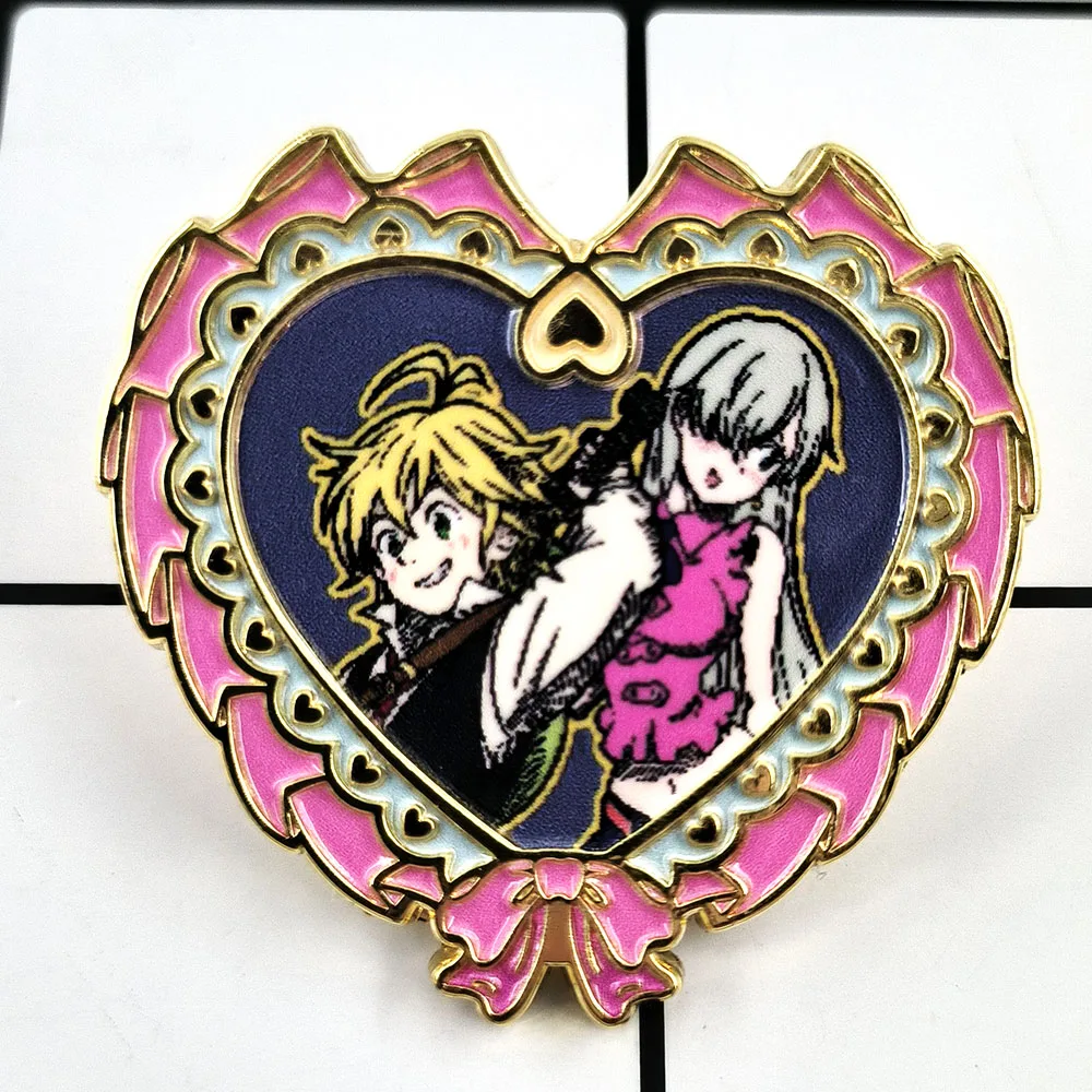 بروش الخطايا السبع المميتة شخصيات الرسوم المتحركة القوس على شكل قلب شارة زوجين ملحق التلبيب دبوس الديكور هدية