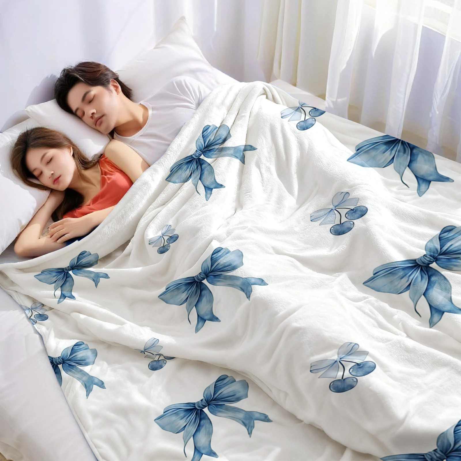 Blue Cherry Bow Lightweight Microfiber Soft Christmas Fleece Blanket Warm Cozy Throw for Bed Sofa Office Travel All Season