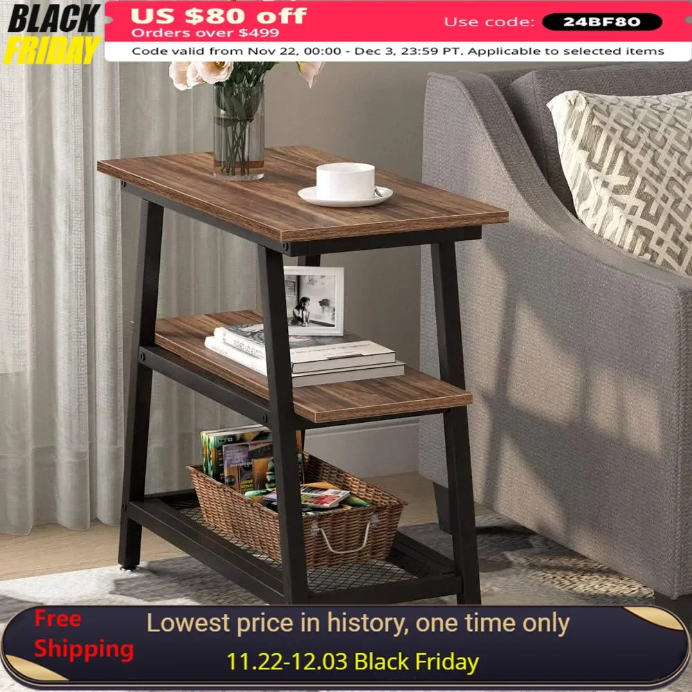 Solid Wood End Table, 3-Tier Narrow End Table with Metal Mesh Storage Shelf, Industrial Nightstand ,Storage End Tables