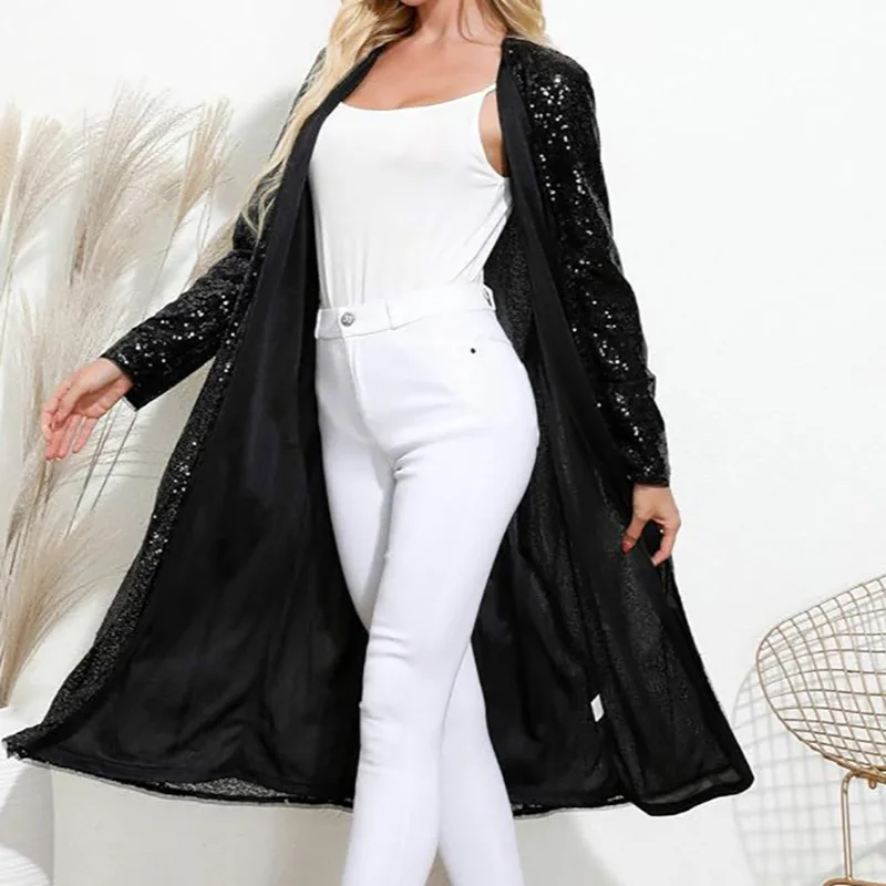 

Shiny Sequin Autumn Women's Cardigan New 2025 Long Sleeved Loose Party Jacket Elegant Solid Color Straight Tube Commuting Coat