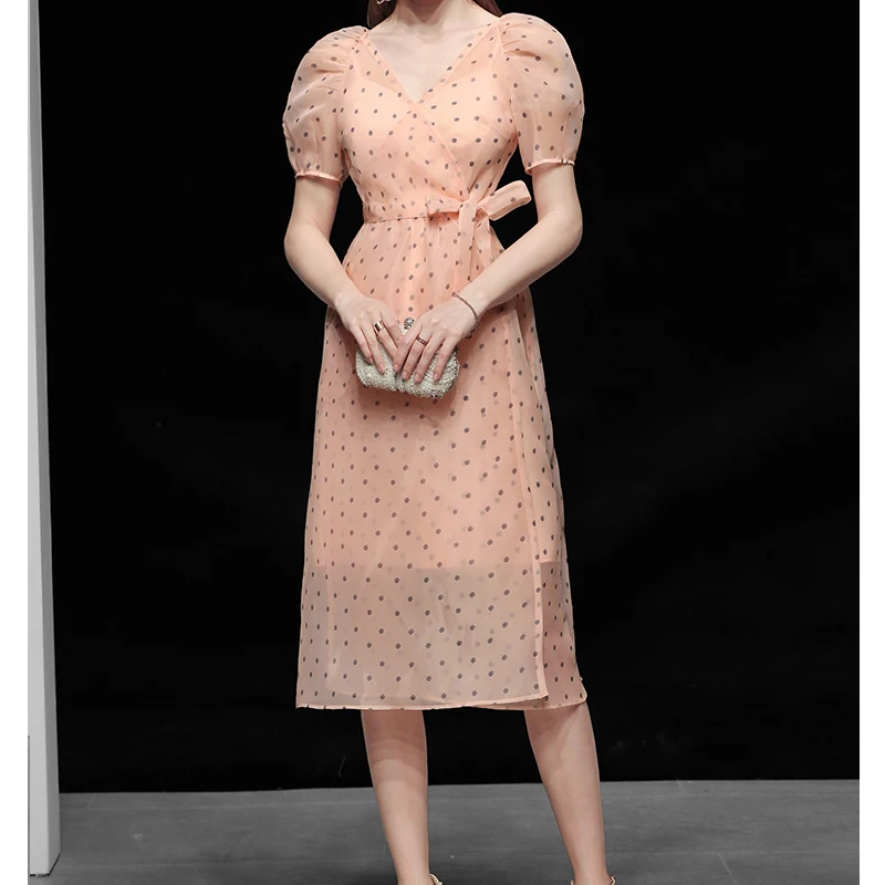 

Polka-dot Gauze Skirt Temperament Sexy Waist and Thin Mid-length Dress Women's Summer 2022 New Style with Sling Lining