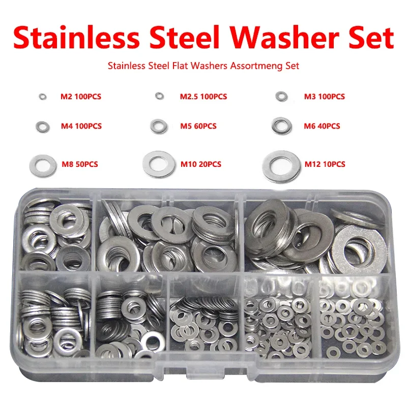 

580pcs/Box 304 Stainless Steel Gasket Flat Wafer Washer M2 M2.5 M3 M4 M5 M6 M8 M10 M12