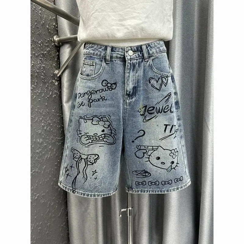 Straight-Leg Mid-Pants 2026 Summer Hello Kitty High-Waist Slim Wide-Leg Sanrio Hot Diamond Denim Five-Quarter Pants for Girls view 6