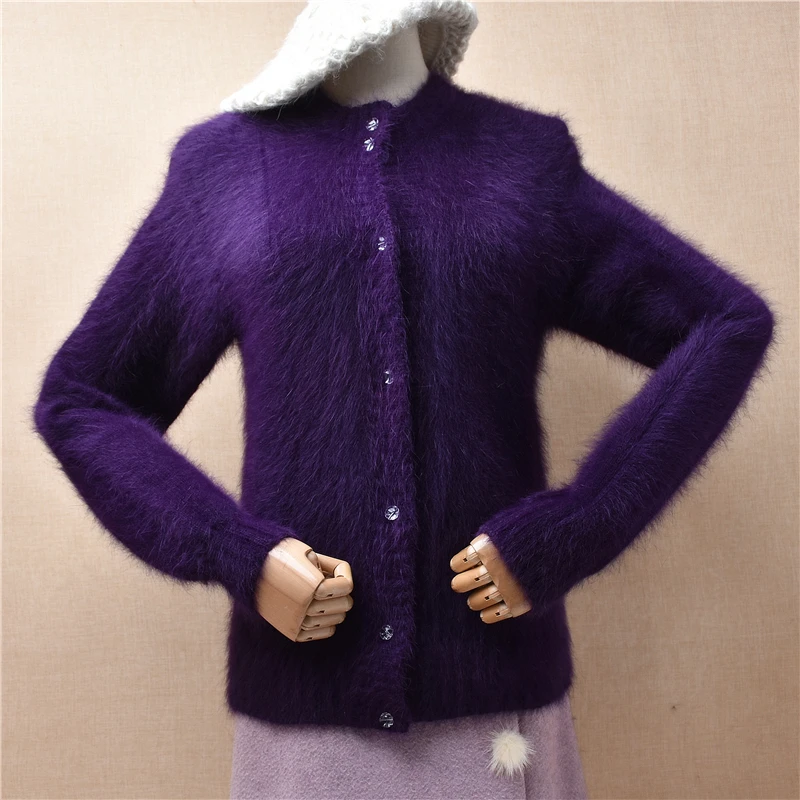 04 Female Women Fall Winter Clothing Purple Soft Hairy Angora Rabbit Hair Knitted Long Sleeves Slim Cardigans Jacket Sweater Top