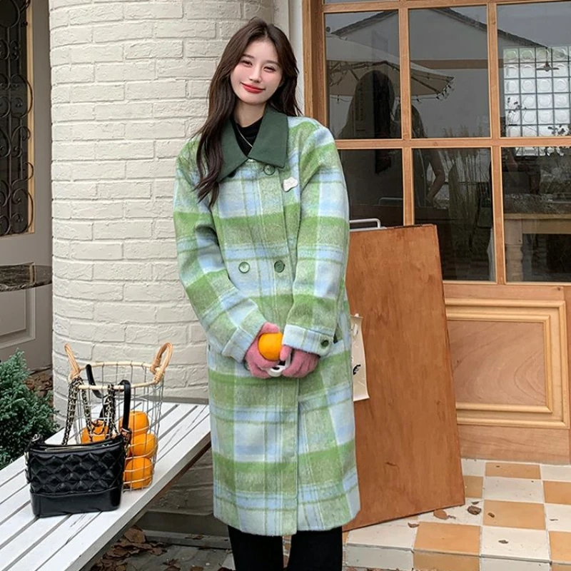 

Korean Style Long Over-the-Knee Retro Plaid Women Woolen Coat Temperament Female Thicken Winter Outwear Casual Fashion Outcoat