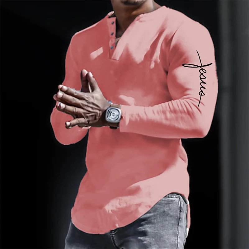 Spring Henley Shirts Jesus Christ Cross 3D Print Streetwear Men's Vintage Button-Down Long Sleeve T Shirt Man Tees Tops Clothing