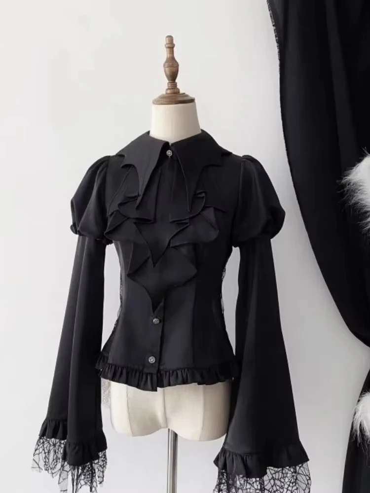 

Y2k Aesthetic Stand Neck And Tie Blouse Lace Patchwork Grunge Bodycon Shirt Tops Women Harajuku Single Breasted Vintage Blusas