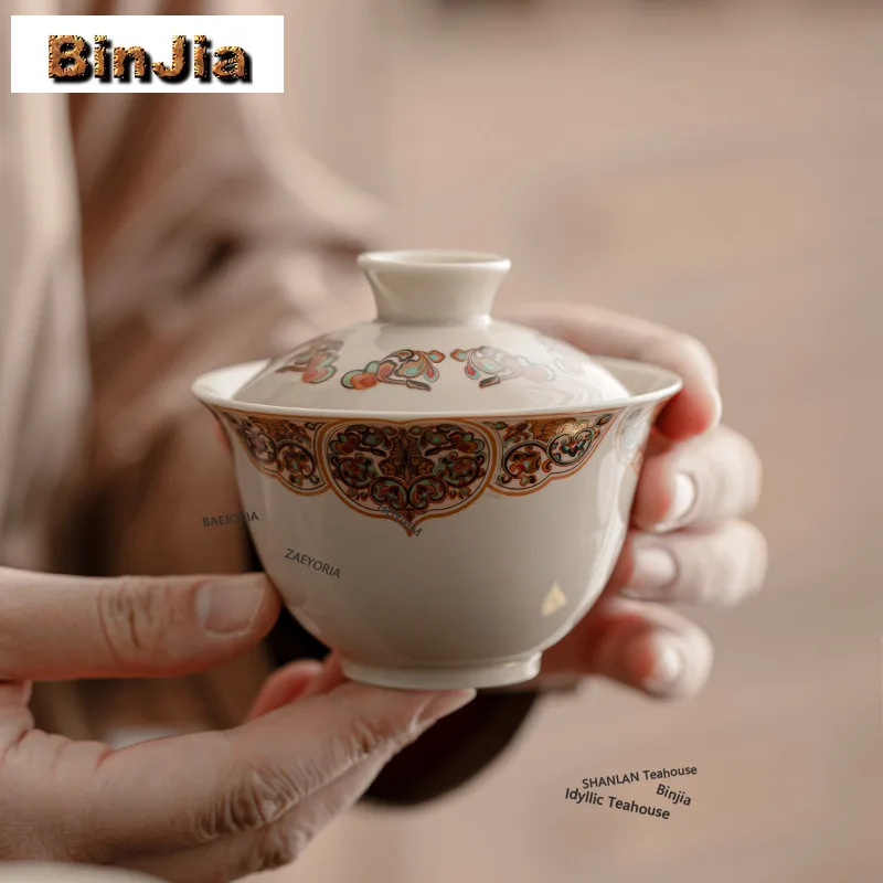 BAEJORIA 170ml Grass Ash Sticker Drawing Gaiwan Zen Tea Tureen Household Tea Bowl With Lid Kit Tea Maker Cover Bowl For Tea
