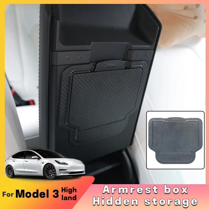 

for Tesla Model 3+ Highland 2024 Center Console Armrest Hidden Storage Box ABS Carbon Pattern Magnetic Organizer Privacy Storage