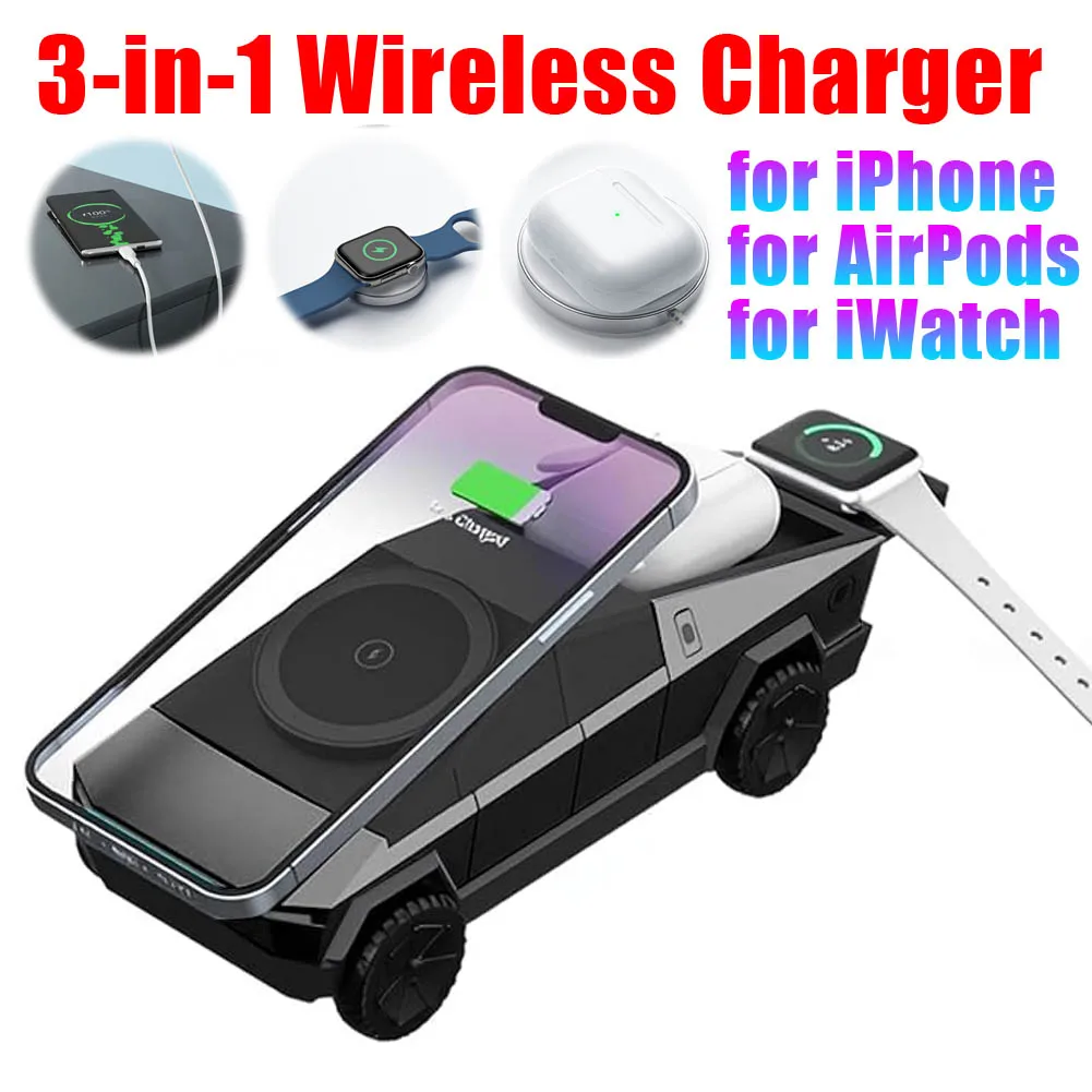 

Настольная подставка 3-в-1 Cybertruck Беспроводная зарядная станция для IPhone/AirPods/IWatch Магнитная зарядная станция со светодиодной подсветкой