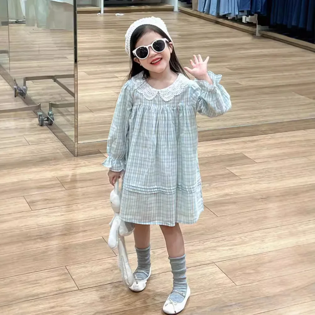 Girls Skirts 2024 Autumn New Childrens Wear Baby Girl Sweet Little Fresh Blue Check Lace Collar Long Sleeve Princess Dress