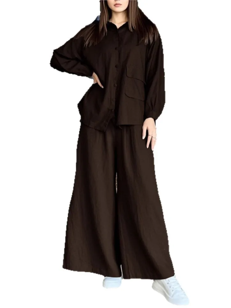 جديد فضفاض الصلبة قميص طويل الأكمام مجموعة أزياء عارضة واسعة الساق السراويل 2 قطعة مجموعة ربيع الخريف عارضة قطعتين وتتسابق امرأة