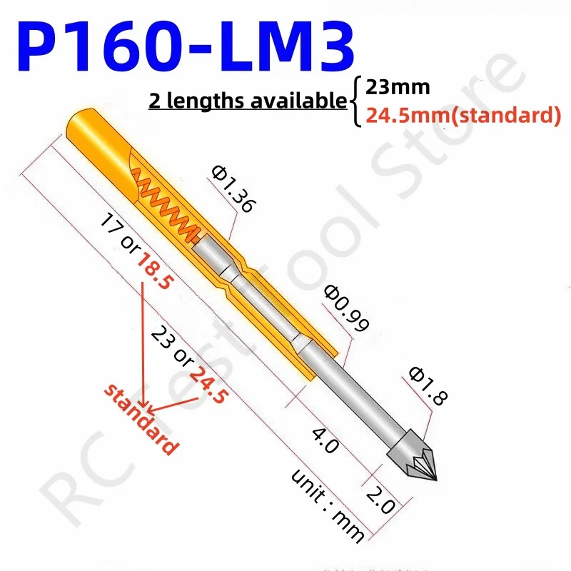 

100PCS P160-LM3 Spring Test Probe Brass Spring Test Pin 23 or 24.5mm Needle Dia 1.36mm Pogopin P160-LM Head 1.80mm PCB Test Tool