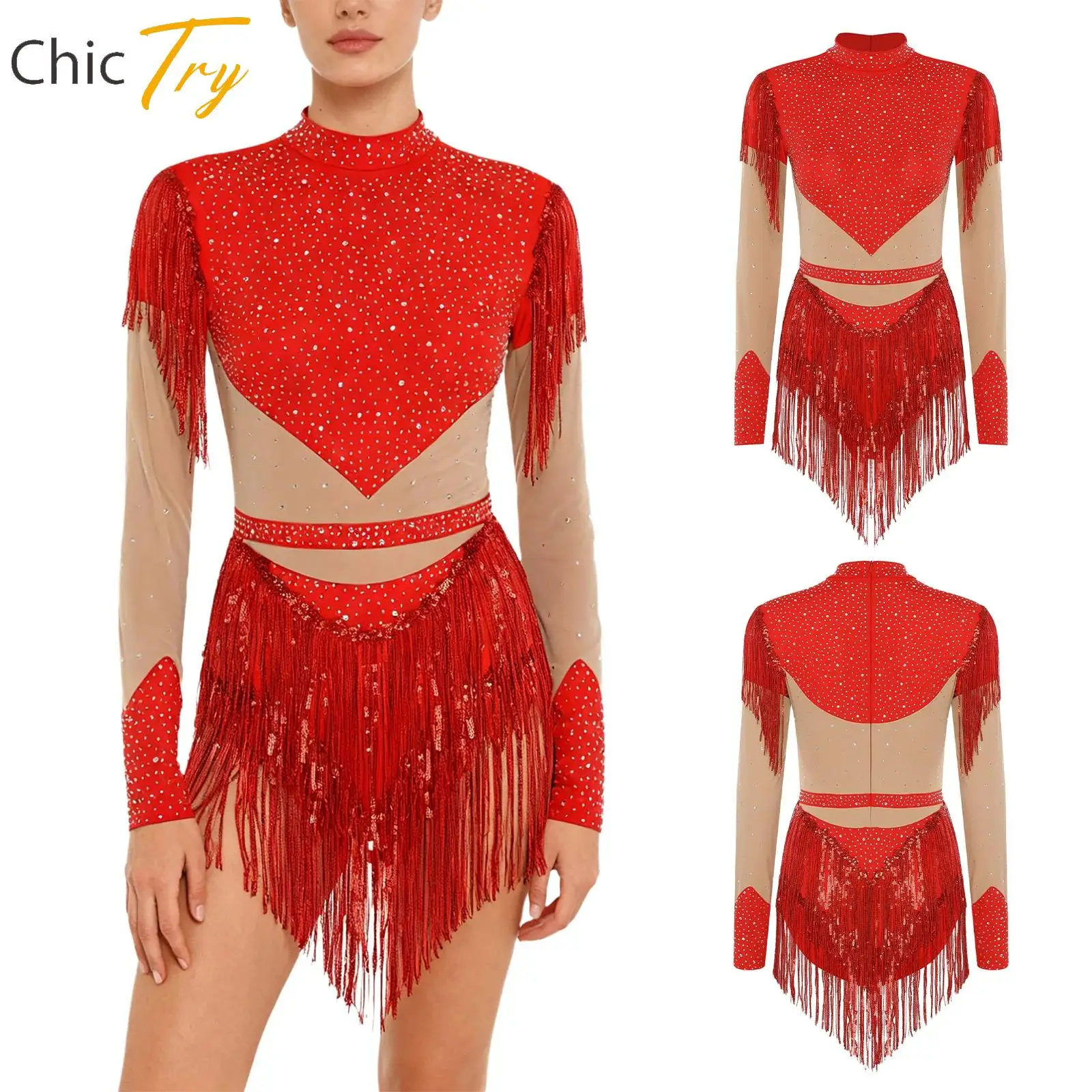 Body de patinaje artístico gimnástico con borlas de lentejuelas brillantes para mujer, mono de leotardo de baile latino Chacha Rumba de manga larga con diamantes de imitación