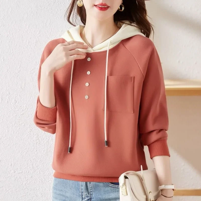 Sudaderas con capucha de Color contrastante para mujer, moda coreana, sudadera informal sencilla de primavera, Jersey holgado de manga larga para mujer, Tops XQ89