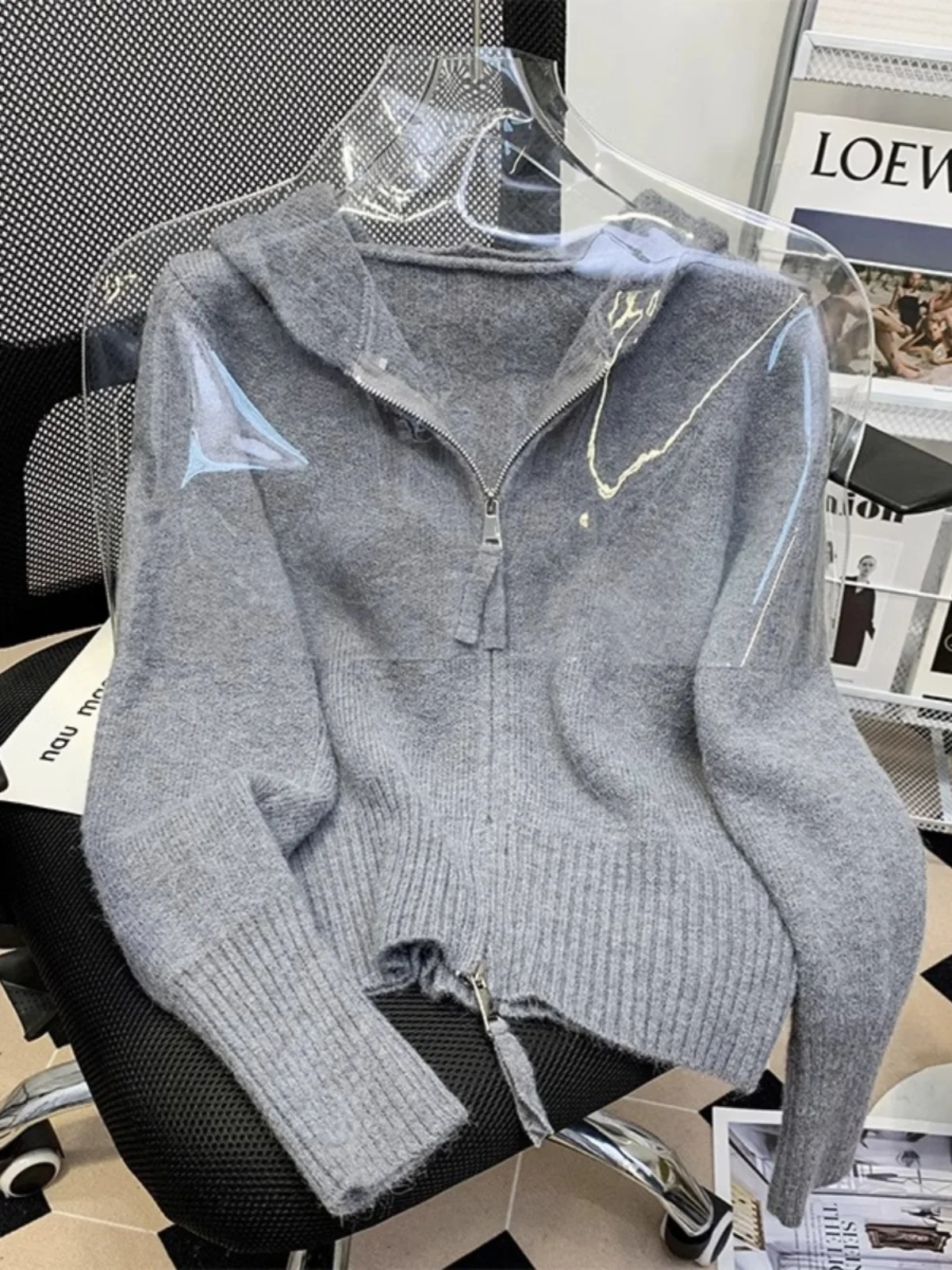 

Ladies' Soft Style Hooded Knitted Sweater Coat Double Zipper Open Cardigan Warm Spring Fashion Casual Comfortable Long Sleeve