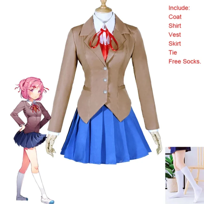 Игра Нацуки Косплей Костюмы Доки Даки Литературный клуб! Парик Нацуки и школьная форма Костюм DDLC Женские костюмы школьниц