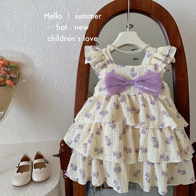 Baby Girl Sweet Dress Korean Style 2023 Summer Flower Cute Dress Flying Sleeveless Flower Bow Casual Simple Girls Dress