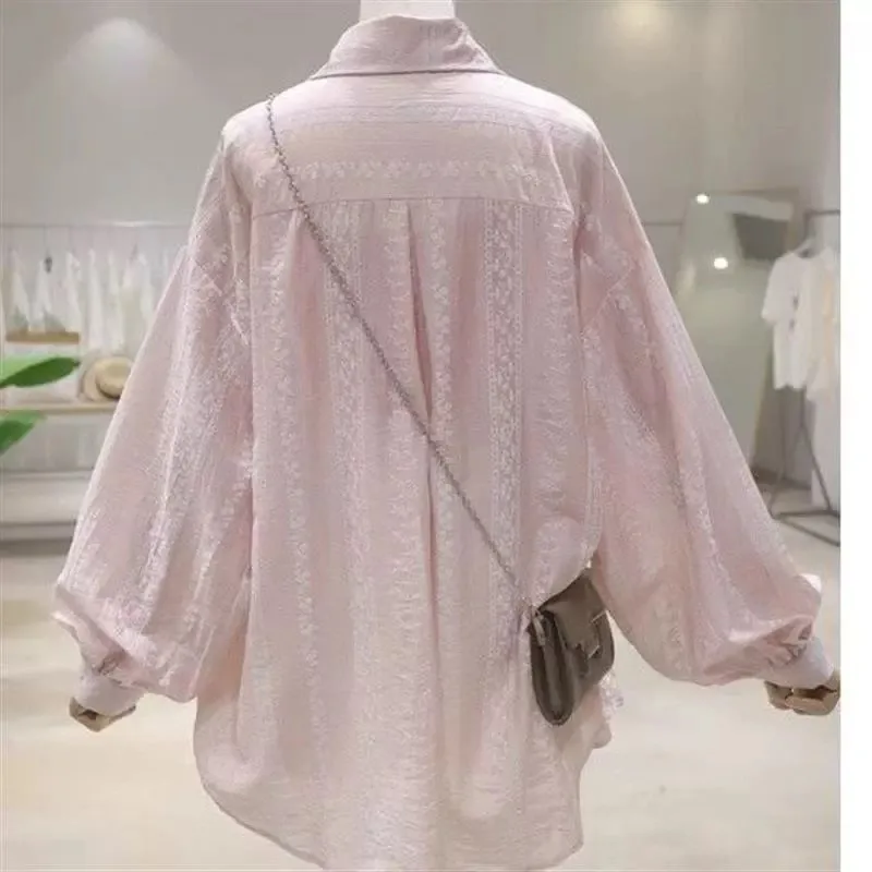Embroidered Button-up Shirt for Women Lightweight Long Sleeve Oversized Shirt Spring Summer Breezy Korean Fashion Casual Outfit