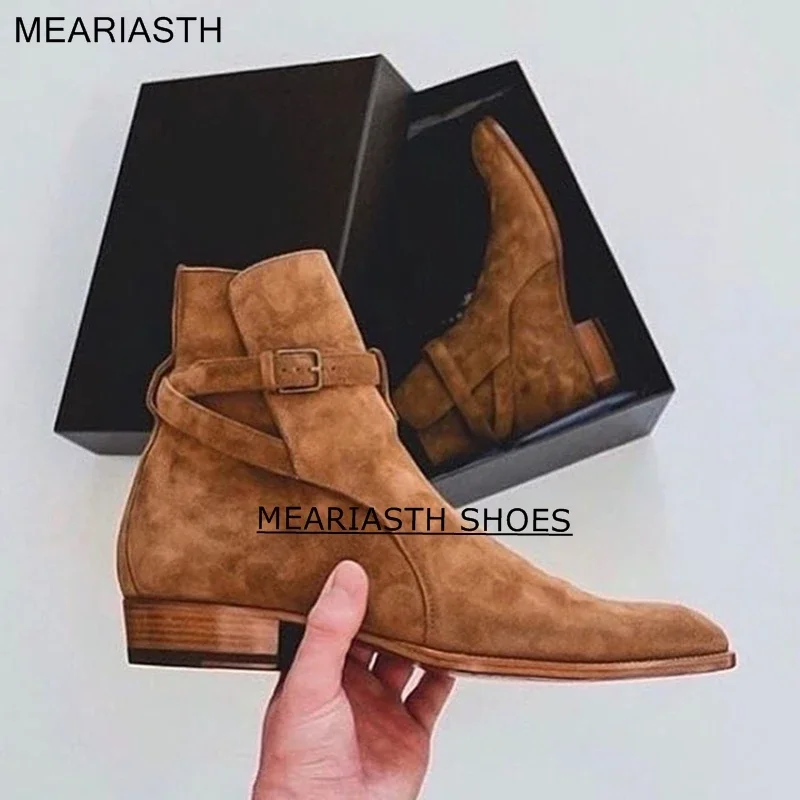 

Meariasth suede leather men booties buckle strap Chelsea Boots slip on Ankle Boots Men's Fashion med Autumn motorcycle Boots