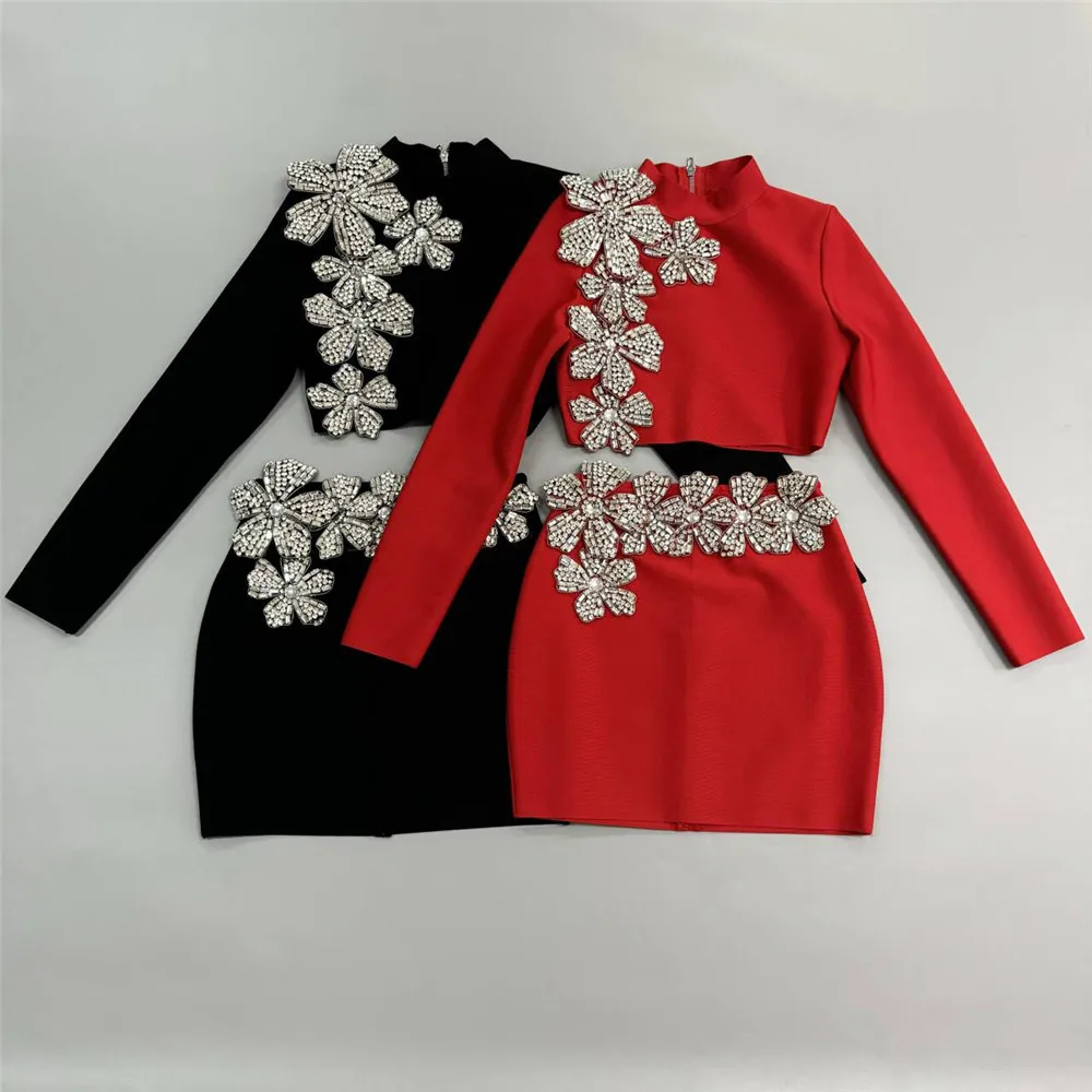 Women\'s Heavy Industry Nail Bead Flower Short Skirt Set High Collar Long Sleeve Tight Ultra Short Top+Mini Skirt Two Piece Set