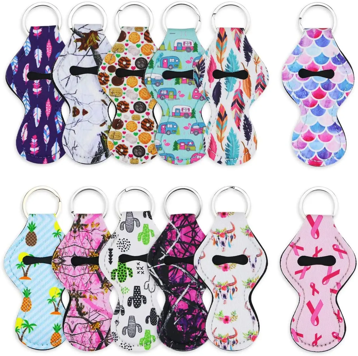 12pcs Chapstick Holder Keychain Vibrant Prints Lip Blam Keychains Neoprene Lip Balm Key Chain Holder