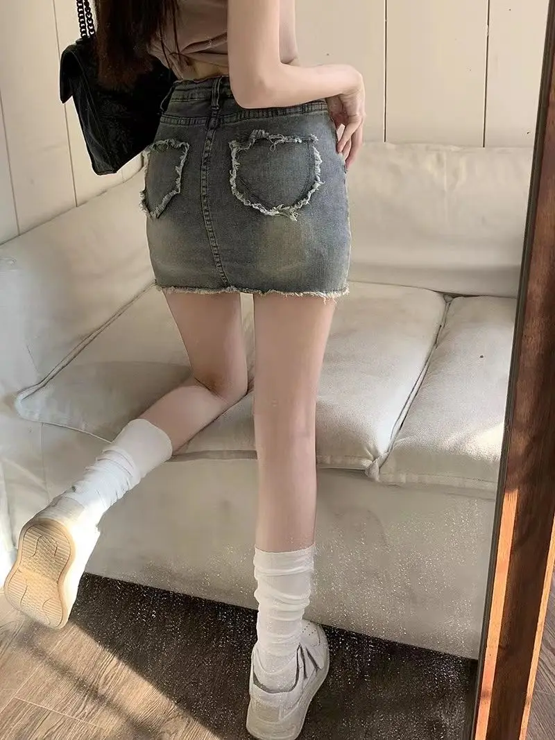 짧은 데님 미니 드레스 하트 모양의 하이 웨이스트 몸집이 작은 여성을위한 스커트 유행 귀여운 블루 코튼 보헤미안 스타일 