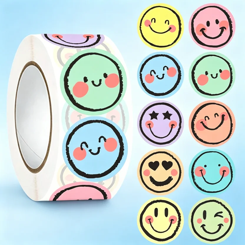 500 Pcs Colorful Round Face Expression Stickers Pastel Gradient Self-Adhesive Matte Decorative Tags for Journal DIY Handicrafts