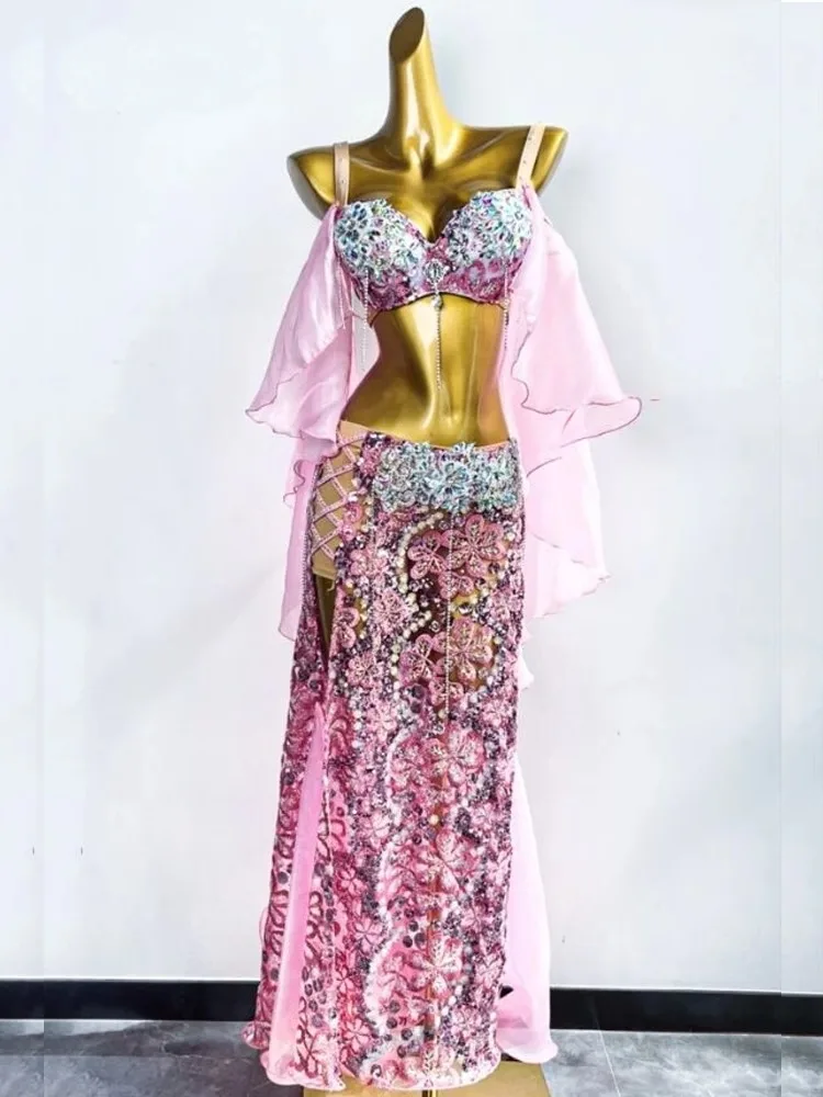 Female 2024 Sexy Oriental Belly Dance Bra, Shave Sleeve Split Wrap Hip Long Dress, Modern Dance Performance Dress