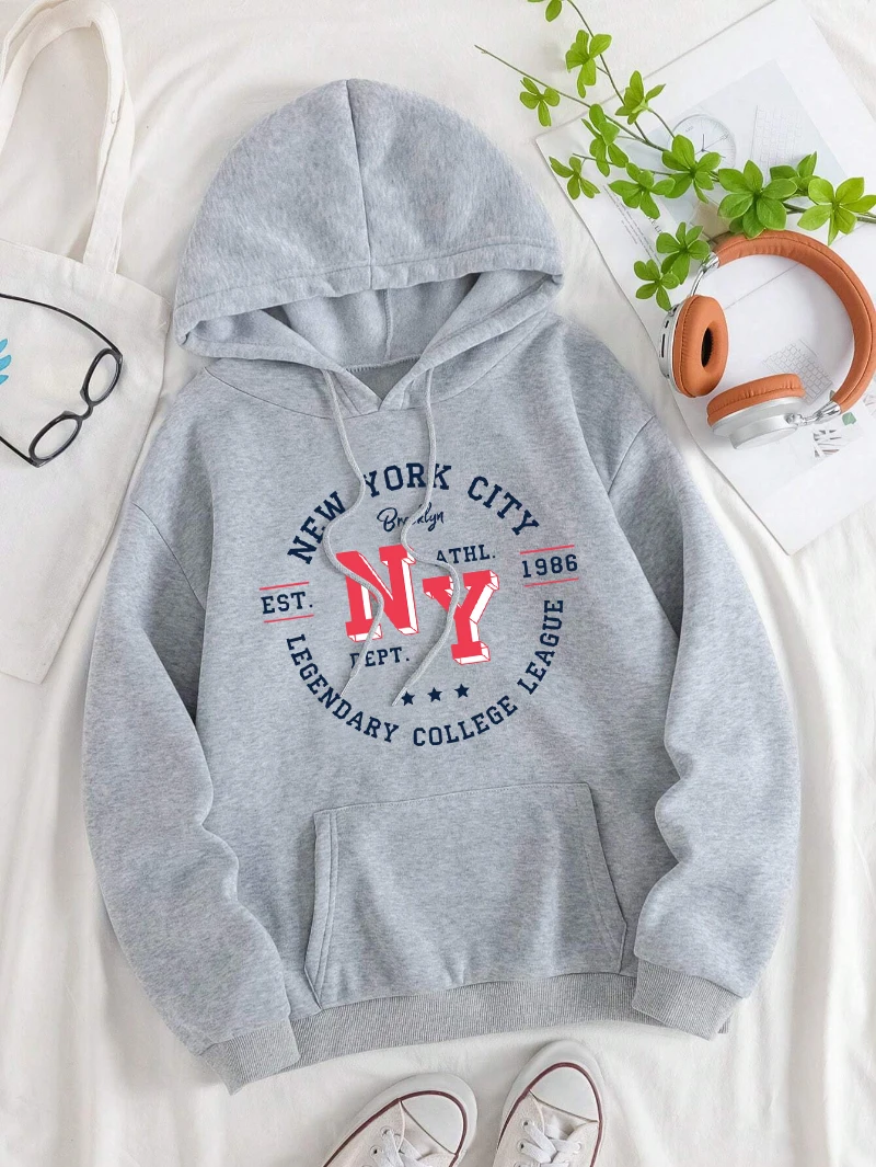 

New York City Hoodies Women Letter Printing Sweatshirt Pocket Loose Fleece Warm Sportswear Street Comfortable Womans Clothes