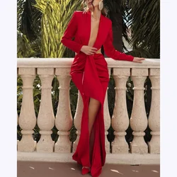 Red Evening Dresses Full Sleeves V-Neck Mermaid Prom Gowns Exquisite Luxury Special Occasion Women Party Dress Modern Style