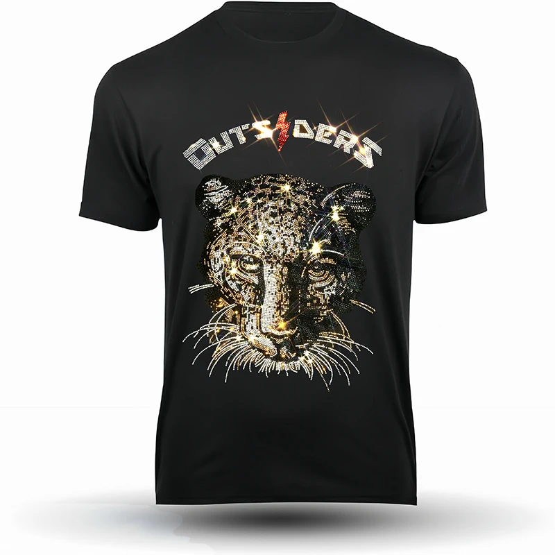 Fashion Mens Quality T-Shirts Spring Casual Street Short Sleeve Clothing Tee Tops O-Neck Leopard Rhinestone Club Tshirt Y2k New