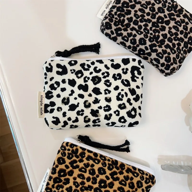 Retro Fashion Leopard Print Handbag Multifunctional Coin Bank ID Card Makeup Case Portable Travel Phone Hair Clip Storage Bag