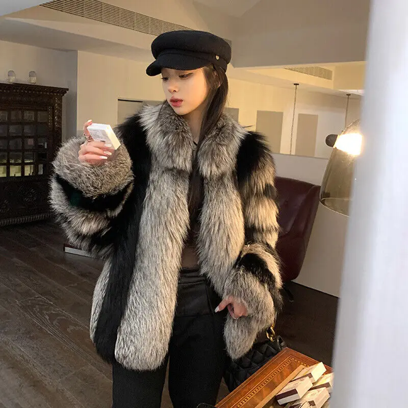 Fashion Contrast Color Fox Fur Coat Women Winter Thicken High Quality Outertwear Fluffy Natural Fox Fur Jacket Lady