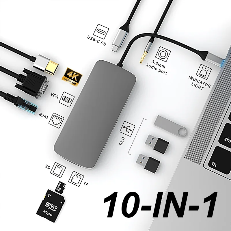 

Многофункциональный USB-хаб 10-в-1 Type-C с HDMI, USB 3.0 и поддержкой PD 100W для MacBook Pro/Air M1 - Многопортовая док-станция