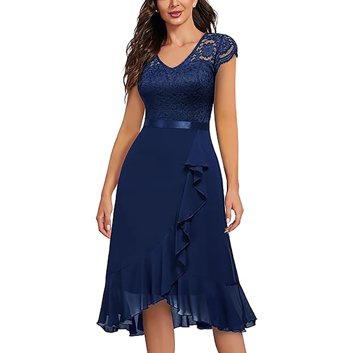 Women's V Neck Retro Floral Lace Ruffle Style Elegant Bridesmaid Party Dress