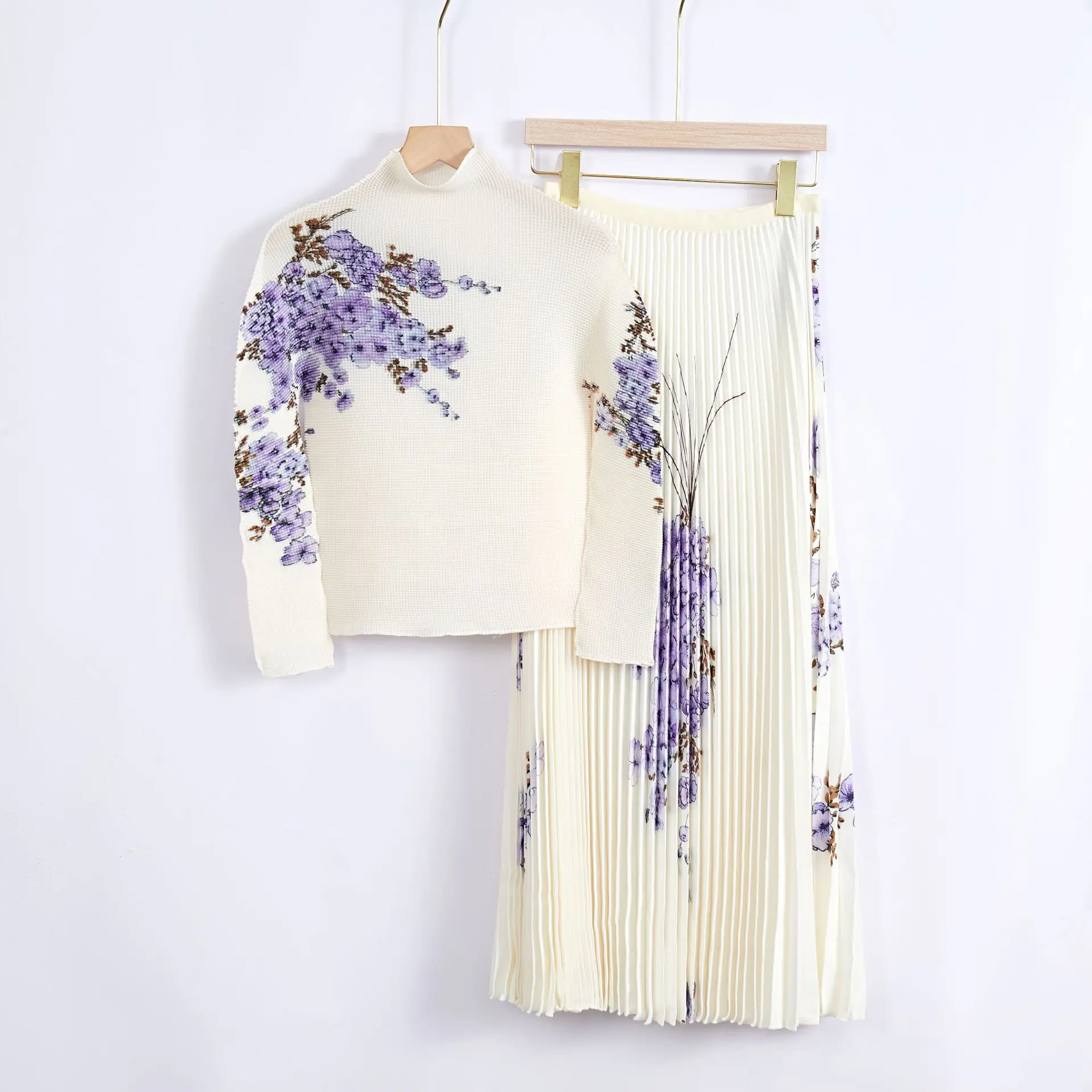 2024 Spring Fashion Women\'s High Neck Long Sleeve Top Elastic Waist Pleated Dress Sweet French Pleated Two Piece Set