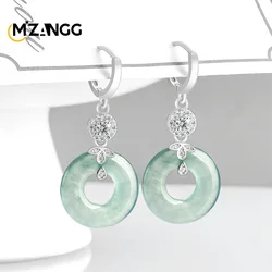 Natural Jadeite Blue Water Peace Buckle Earrings S925 Silver Ice Donut Jade Women's High-grade Fashion Earrings Holiday Gift