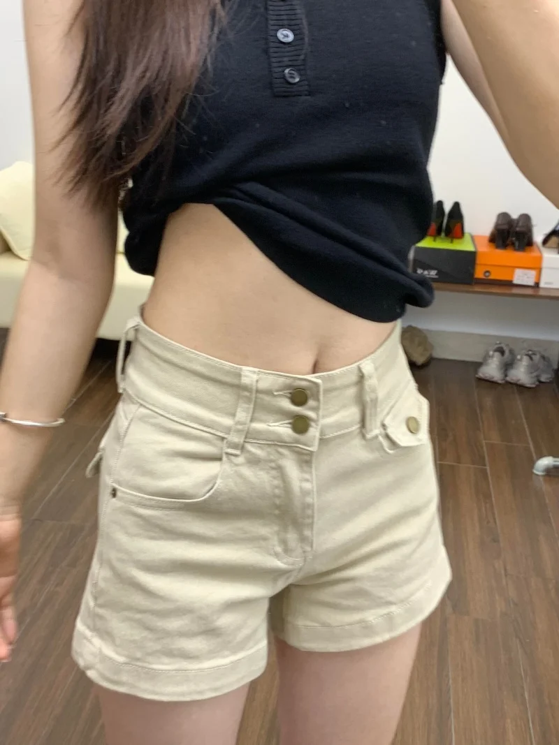 

Khaki High Waist Short Shorts Women's Denim Jeans Pockets Butt Lifting Slimming A-Line Hot Pants Summer Fashion Ladies' Jeans