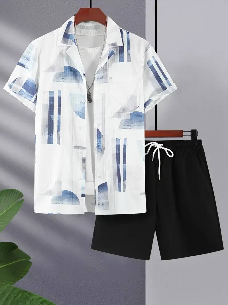 Hawaiian Shirt Set Men 3D Printed Square Pattern Summer Neutral Fashion Casual Simple Style Button-up Shirt + Shorts 2 Piece Set