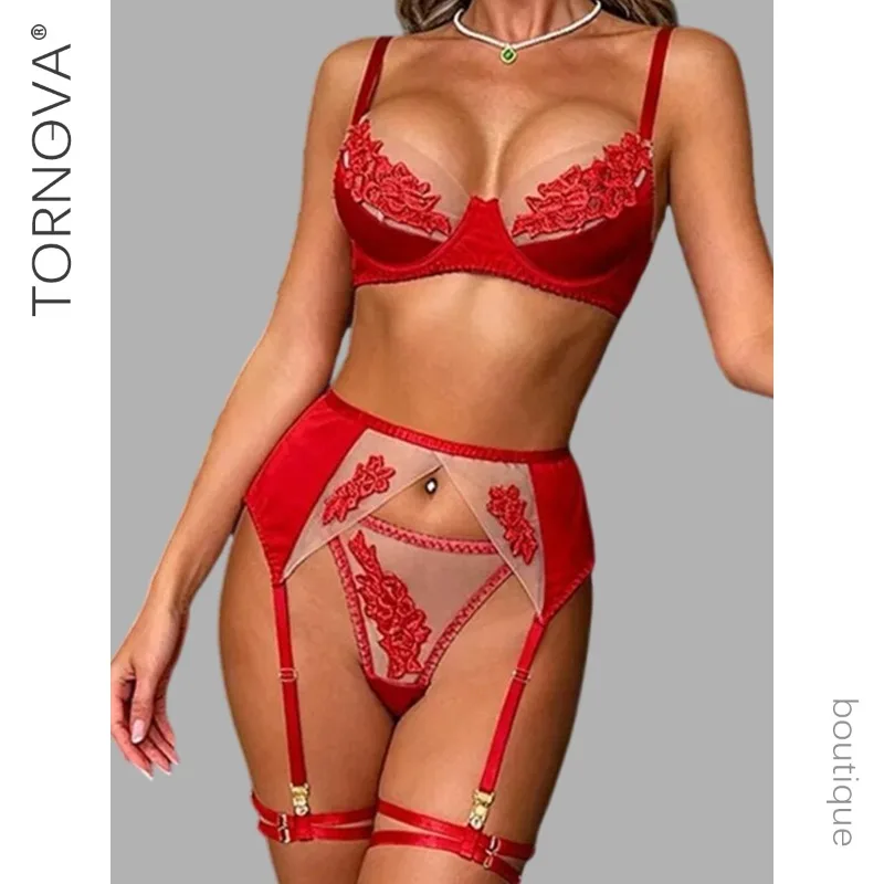 

Tornova Erotic Lingerie Mesh Patchwork Embroidery Gather Together Slim Backless Pure Desire Women Sexy Seductive Underwear Set