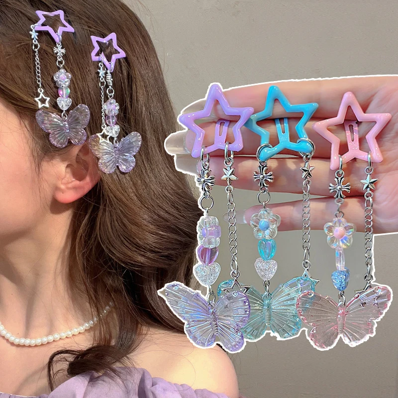 Pinzas para el cabello con borlas y estrellas y mariposas para mujer, horquillas con Clip deslizante, accesorios para el cabello para niña y niña de cristal