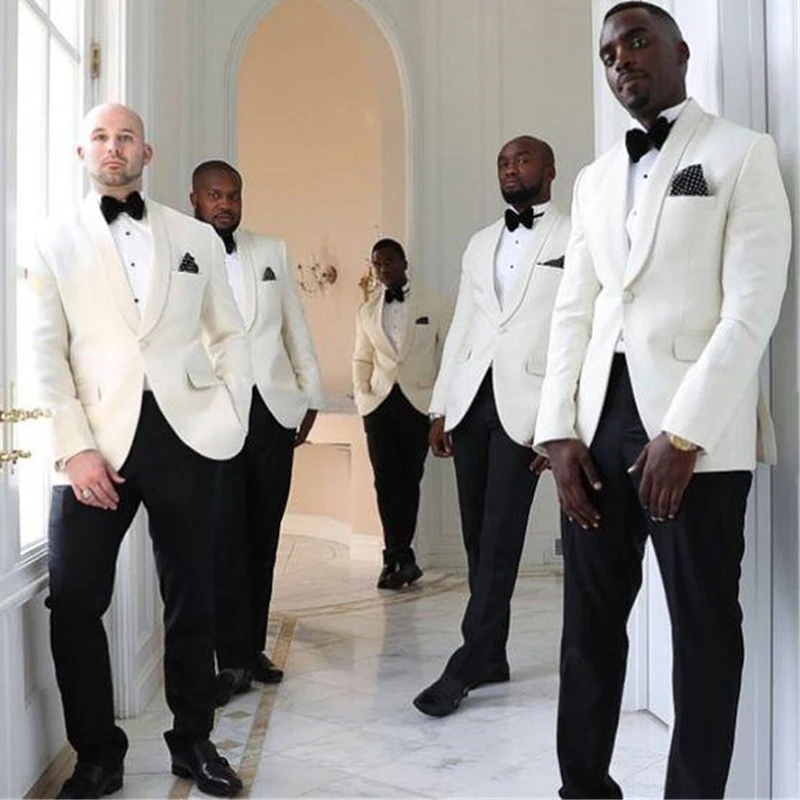 

White Wedding Tuxedos for Groomsmen 2 Piece Custom Made Slim Fit Men Suits Blazer Sets Jacket+Pants Best Fashion Clothes Homme